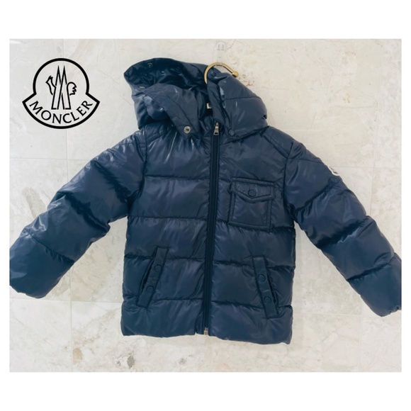 MONCLER {3} Coat Navy Blue Girls' Puffer Zip-Up Detachable Hood